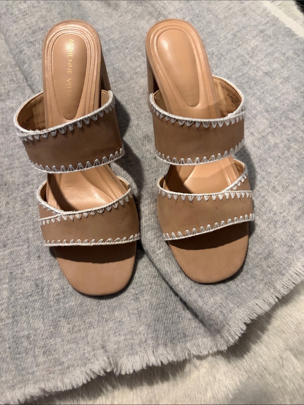 Adrienne Vittadini Taupe Double-Strap Slip-On Mules with White Trim